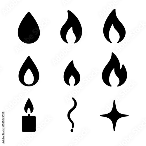 Candle Flame Icons. Solid, filled icon set of candle flame shapes: teardrop, flicker, steady flame, small flame, large flame,
