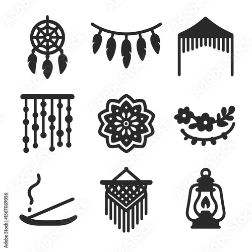 Bohemian Decor Icons. Solid, filled icons set of bohemian festival decor: dreamcatcher, feather garland,