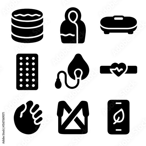 Body Resilience Tools Icons. Solid, filled icons set of body resilience training tools: cold plunge tub, heat