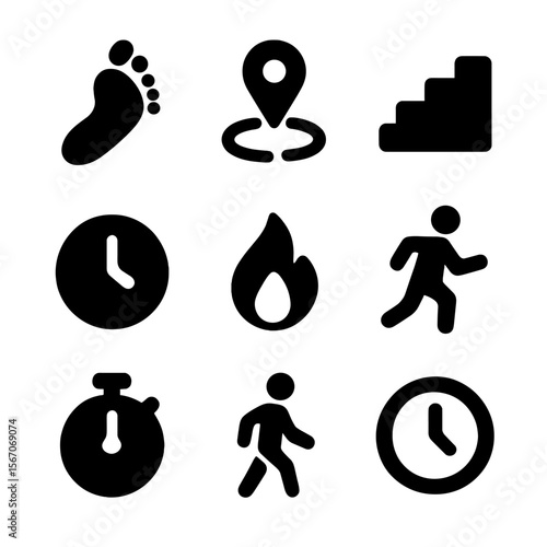 Activity Stats Icons. Solid, Filled icon set of activity summary stats: step count, distance traveled, floors climbed, active