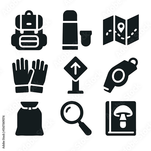 Foraging Essentials Icons. Solid, filled icons set of foraging essentials: backpack, thermos, map, gloves,