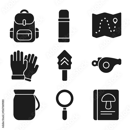Foraging Essentials Icons. Solid, filled icons set of foraging essentials: backpack, thermos, map, gloves,