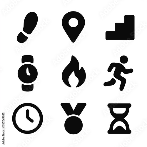 Activity Stats Icons. Solid, Filled icon set of activity summary stats: step count, distance traveled, floors climbed, active