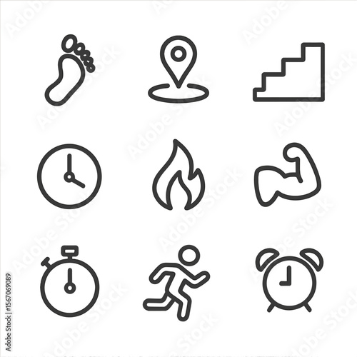 Activity Summary Icons. Outline icon set of activity summary stats: step count, distance traveled, floors climbed, active minutes,