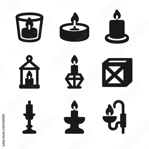 Candle Holder Icons. Solid, filled icon set of candle holder types: glass votive holder, metal tealight holder, ceramic pillar