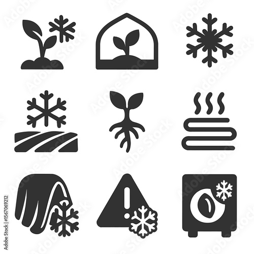 Cold-Resistant Plant Icons. Solid, filled icons set of cold-tolerant plants: frost-resistant sprout, insulated