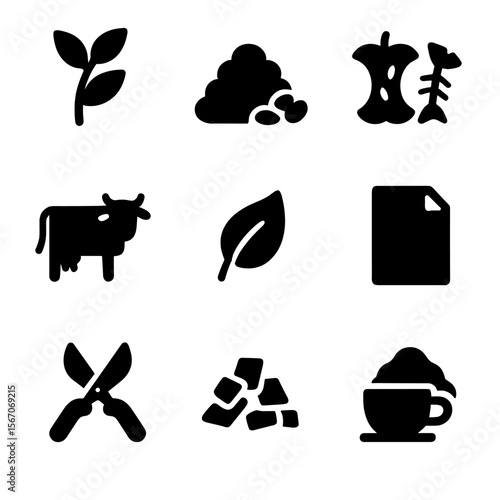 Compost Icon Collection. Solid, filled icon set of compost types: green waste, brown waste, food scraps, manure, leaf litter,