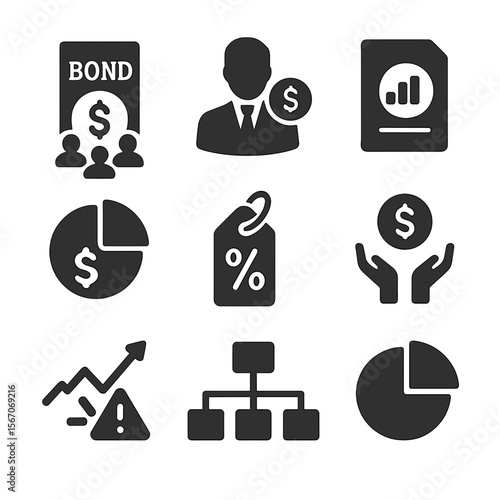 Bond Fund Icon Set. Solid, filled icons set of bond fund management: mutual fund icon, fund manager, fund