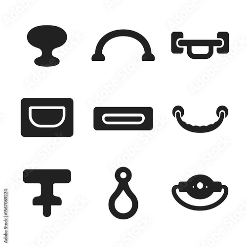 Furniture Handle Icons. Solid, filled icons set of furniture handle variations: dresser knob, arched pull,