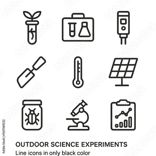 Outdoor Science Icons. Outline icon set of outdoor science experiments: test tube with plant sample, portable lab kit, water