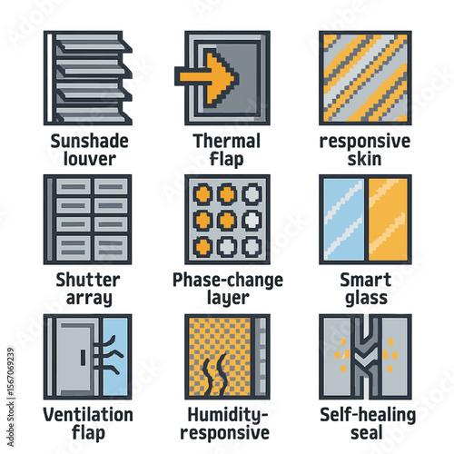 Adaptive Building Icons. Pixel art icon set of adaptive building envelopes: sunshade louver, thermal flap, responsive skin,