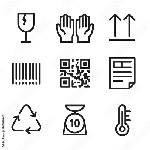 Packaging Symbols Icons. Outline icon set of packaging symbols and international labeling: fragile symbol, handle with care gloves