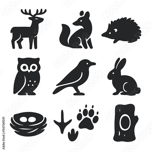 Forest Wildlife Icons. Solid, filled icons set of forest wildlife encountered while foraging: deer, fox,