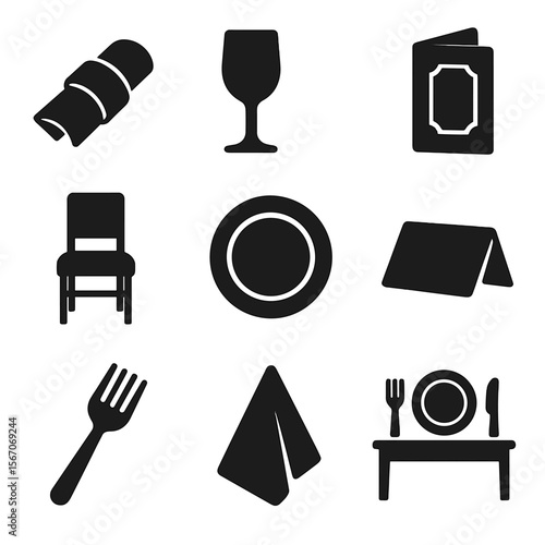 Formal Dining Icons. Solid, filled icons set of formal dinner setups: napkin ring, crystal glass, menu card,