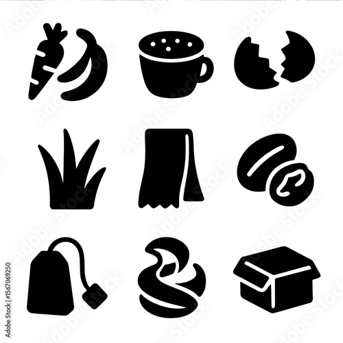 Compostable Materials Icons. Solid, filled icon set of compostable materials: vegetable scraps, coffee grounds, eggshell, grass