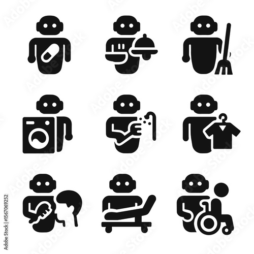 Caregiving Robot Icons. Solid, filled icon set of caregiving task robots: medication dispenser, meal delivery, cleaning robot,