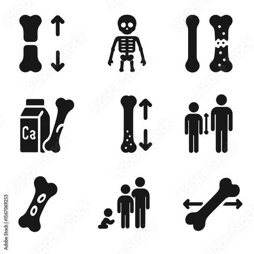 Bone Growth Icons. Solid, filled icons set of bone development and growth: growth plate, child skeleton,