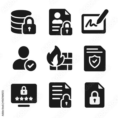 Cybersecurity Icons Grid. Solid, filled icon set of cybersecurity law symbols: data lock, privacy policy, digital signature, user