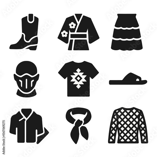 Fusion Fashion Icons. Solid, filled icons set of fusion fashion elements: western boots, floral kimono, boho