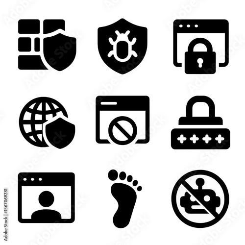 Cybersecurity Icon Set. Solid, filled icon set of cybersecurity and misinformation defense: firewall shield, antivirus icon,