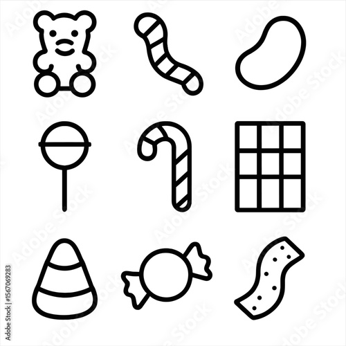 Candy Icon Set. Solid, filled icon set of candy shapes: gummy bear, gummy worm, jelly bean, lollipop, candy cane, chocolate bar,