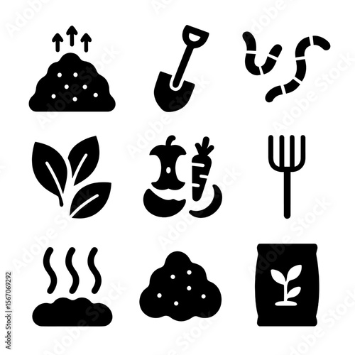 Composting Icons Grid. Solid, filled icon set of composting process: compost pile, shovel, worms, leaves, kitchen scraps, turning