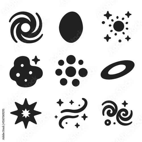 Galaxy Icons Set. Solid, filled icons set of galaxy formation and evolution: spiral galaxy, elliptical cloud,