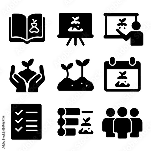 Composting Education Icons. Solid, filled icon set of composting education: book, chalkboard, presentation, hands planting,