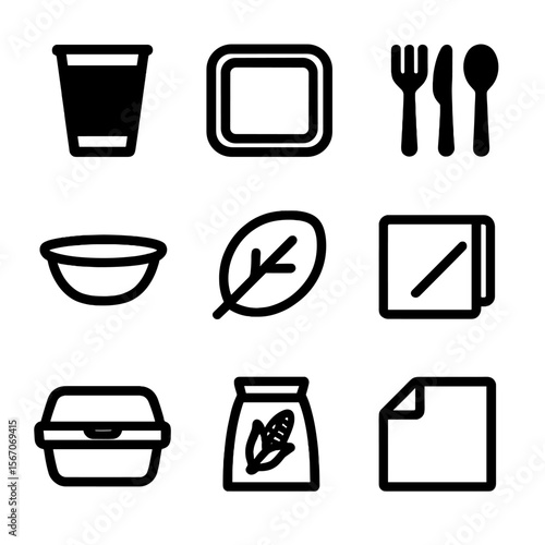 Compostable Packaging Icons. Solid, filled icon set of compostable food packaging: paper cup, sugarcane tray, bamboo cutlery,