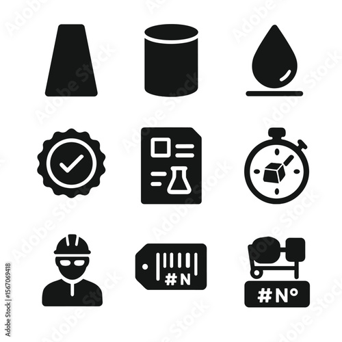 Concrete QA Icons. Solid, filled icon set of concrete quality assurance: slump test cone, cylinder mold, water ratio icon, mix
