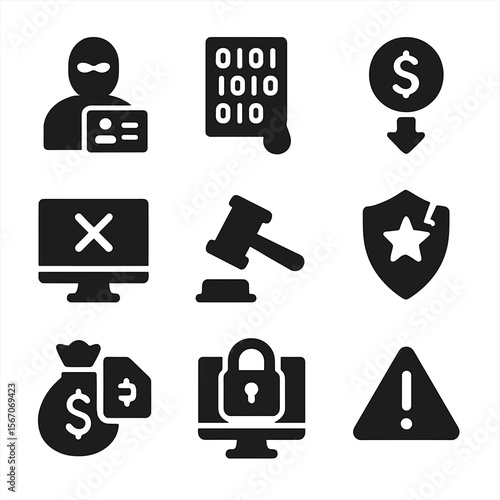 Cybercrime Consequence Icons. Solid, filled icon set of cybercrime consequences: identity theft, data leak, financial loss, system