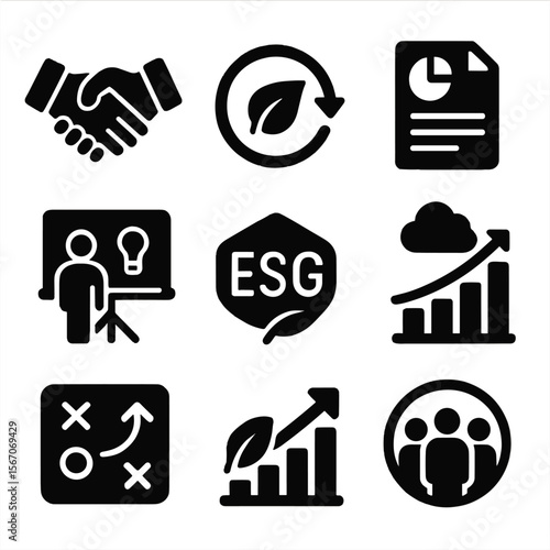 Corporate Sustainability Icons. Solid, filled icons set of corporate sustainability bonds: business handshake,