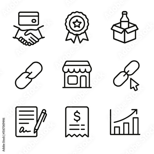 Partnership Icon Set. Outline icon set of brand partnerships and monetization: handshake with credit card, sponsorship badge
