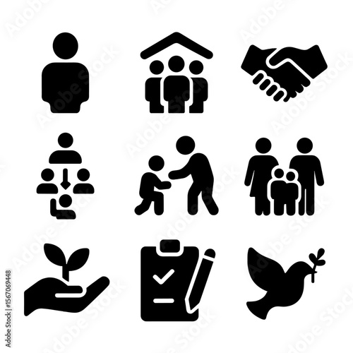 Catholic Teachings Icons. Solid, filled icon set of Catholic social teachings: human dignity, common good, solidarity,