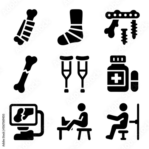 Bone Injury Treatment Icons. Solid, filled icons set of medical treatment for bone injuries: splint, plaster