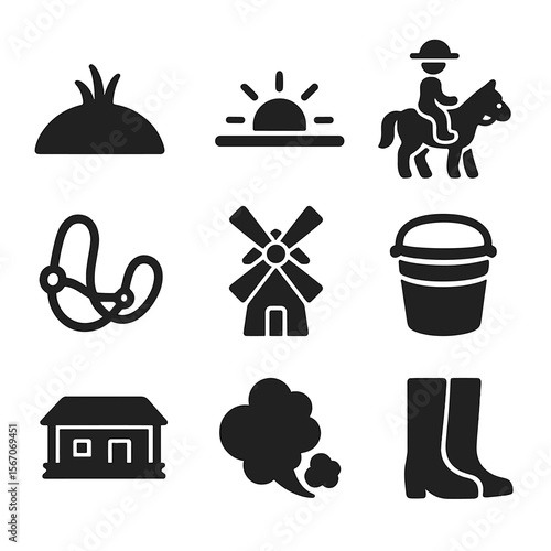 Countryside Icon Set. Solid, filled icons set of countryside horseback outings: grassy hill, horizon sun,