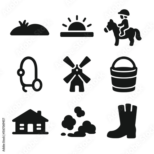 Countryside Icon Set. Solid, filled icons set of countryside horseback outings: grassy hill, horizon sun,