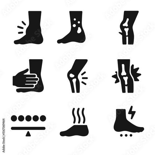 Bone Injury Icons. Solid, filled icons set of symptoms and signs of bone injury: swelling, bruising, deformity