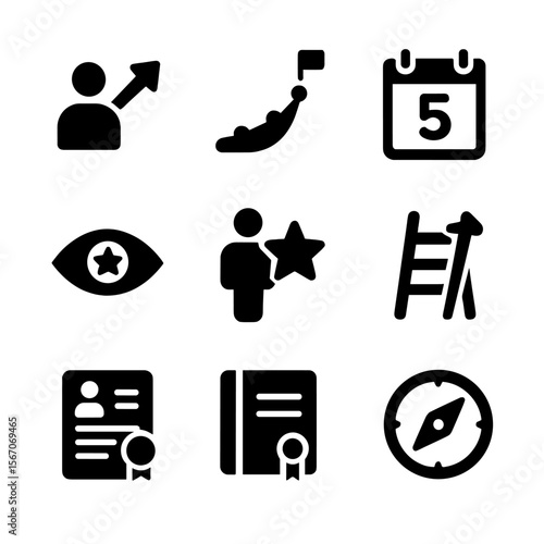 Career Icons Grid. Solid, filled icon set of long-term career goals: promotion arrow, growth path, five-year plan, vision icon,
