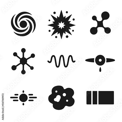 Cosmic Phenomena Icons. Solid, filled icons set of cosmic phenomena discovery: black hole, supernova, dark