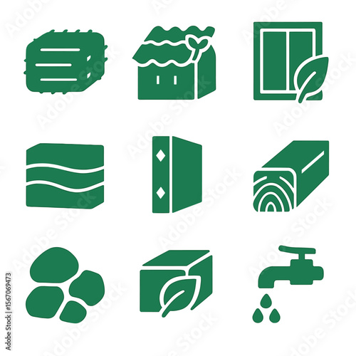 Green Architecture Icons. Solid, filled icons set of green architecture materials: straw bale, green roof tile