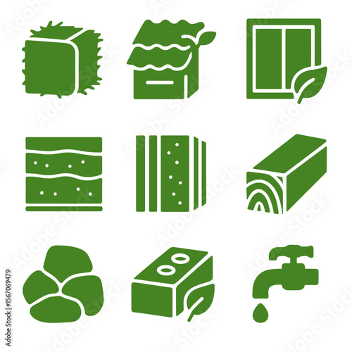Green Architecture Icons. Solid, filled icons set of green architecture materials: straw bale, green roof tile