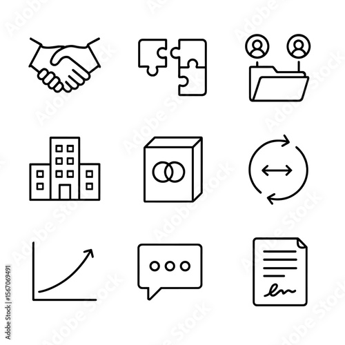 Partnership Icons Set. Outline icon set of partnership and collaboration activities: handshake agreement, puzzle pieces fitting,