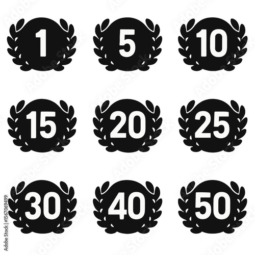 Milestone Numbers Grid. Solid, filled icon set of anniversary milestone numbers: 1, 5, 10, 15, 20, 25, 30, 40, 50. Solid, filled