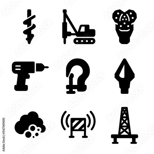 Heavy-Duty Tool Icons. Solid, filled icons set of heavy-duty drilling and boring tools: auger drill, hydraulic