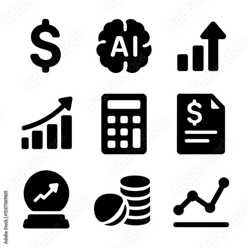 AI Financial Icons. Solid, Filled icon set of financial forecasting with AI tools: dollar sign, AI brain, upward arrow, bar chart,