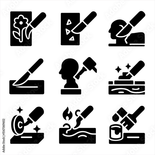 Carving Techniques Icons. Solid, filled icon set of carving techniques: relief carving, chip carving, whittling, incising,