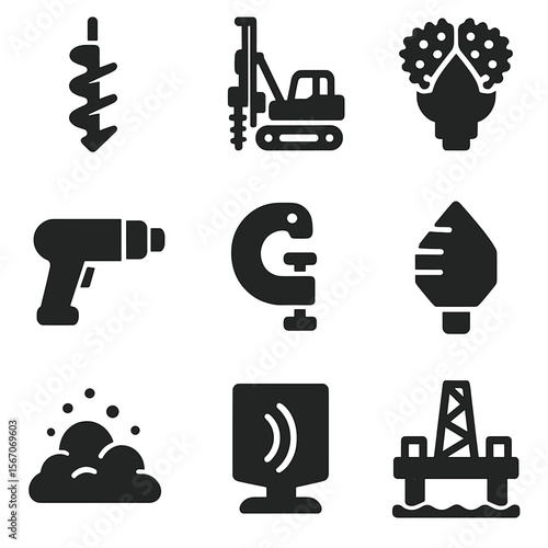 Heavy-Duty Tool Icons. Solid, filled icons set of heavy-duty drilling and boring tools: auger drill, hydraulic