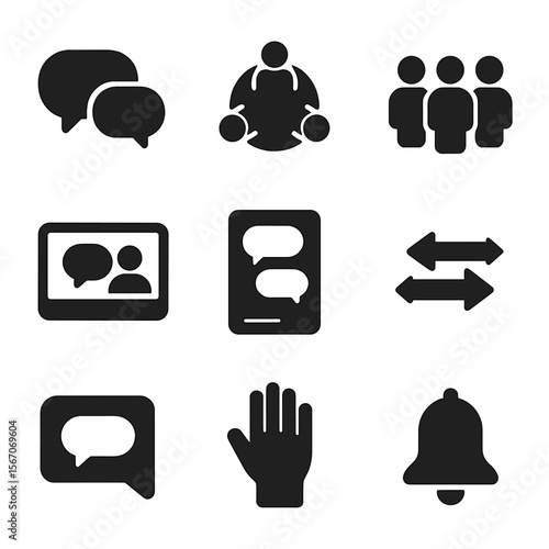 Group Conversation Icons. Solid, filled icons set of group conversations: speech bubbles, roundtable meeting,