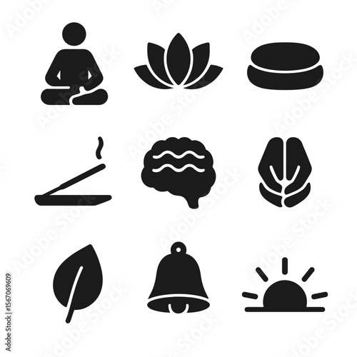 Mindfulness Icons Grid. Solid, filled icon set of mindfulness practice: sitting figure, lotus flower, meditation cushion, incense